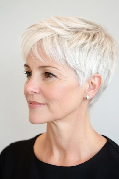 An elderly woman with short, layered, and neatly styled white hair, featuring side-swept bangs.