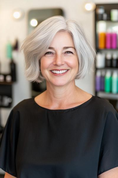 A smiling woman with short, layered, silver-grey hair styled in a neat and easy-maintenance bob haircut.