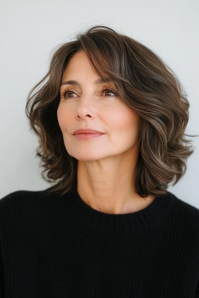 A woman with shoulder-length, wavy brown hair featuring soft layers and side-swept bangs.