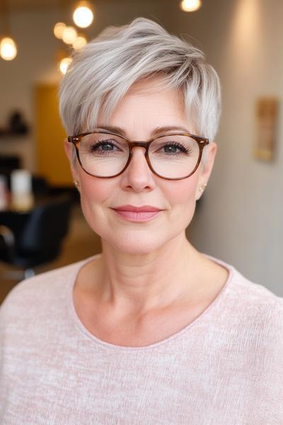 An older woman with glasses is sporting a stylish, silver pixie cut with side-swept bangs.