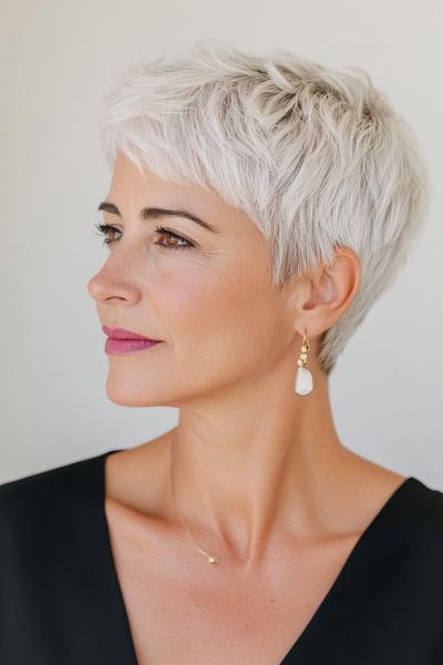 A woman with a short, choppy silver hairstyle, featuring textured layers and a side-swept fringe, ideal for women over 70.