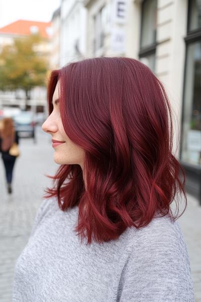 A woman with shoulder-length, wavy burgundy dark red hair styled in loose waves, standing on a city street.