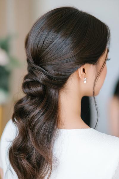 A woman with dark brown hair styled in an elegant twisted low ponytail with loose waves.