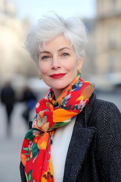 The woman is showcasing a stylish short, wavy, silver hairstyle paired with a colourful scarf and a dark coat, suitable for those over 70.