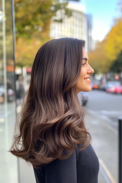 A woman with long, dark brown, wavy hair styled in loose, voluminous waves, smiling outdoors in an urban setting.