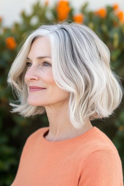 A woman with shoulder-length, wavy, silver hair parted to the side, styled in a youthful and vibrant bob cut.