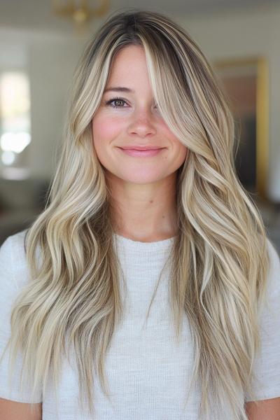 A woman with long, wavy blonde hair featuring dark brown streaks and a side-swept fringe.