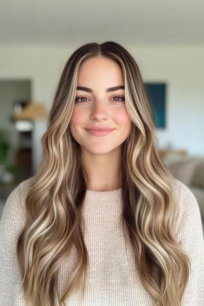 A woman with long, wavy blonde hair featuring dark brown streaks elegantly interspersed throughout.