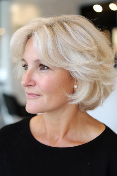 A mature woman with a medium-length, layered blonde hairstyle with soft waves and side-swept fringe.