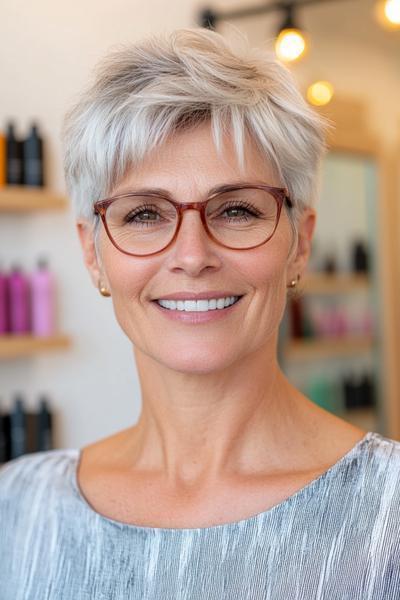 A smiling woman with short, layered, silver hair and side-swept bangs, creating a stylish and easy-to-maintain wash and wear haircut.