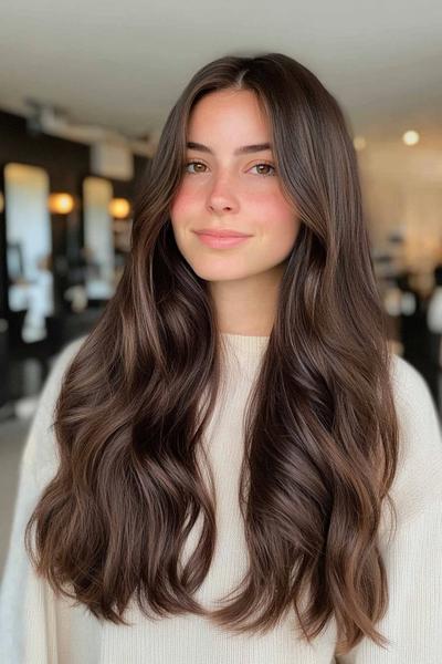 A woman with long, wavy, dark brown hair styled in loose waves, parted in the middle.