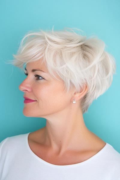 A woman with short, layered, platinum blonde hair styled in a textured and voluminous pixie cut.