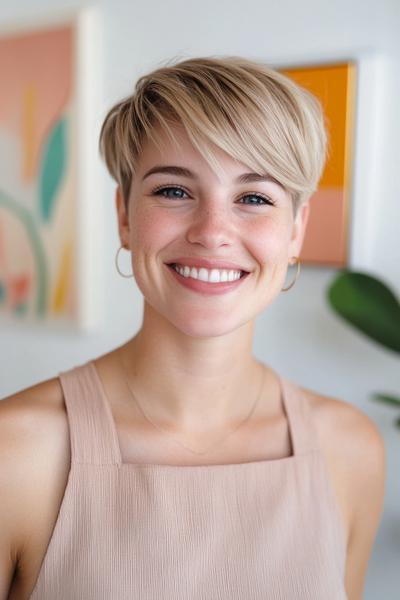 A smiling woman with a blonde undercut pixie haircut featuring longer layers on top and short, closely cropped sides.