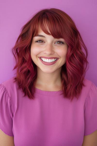 A woman with shoulder-length, wavy burgundy dark red hair and a fringe, smiling in front of a purple background.