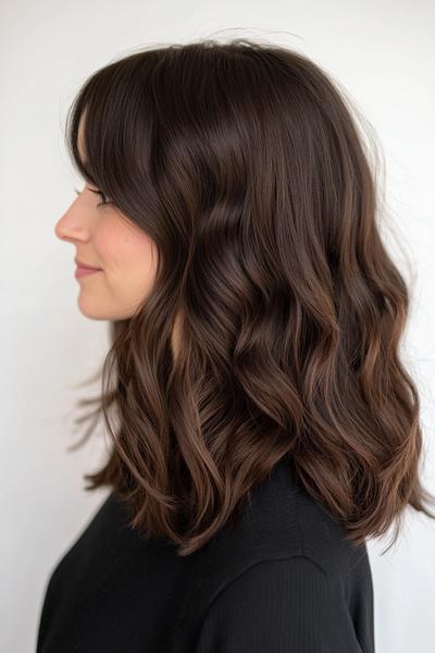 A woman with wavy, dark chocolate brown hair styled in loose, shoulder-length waves and a side fringe.