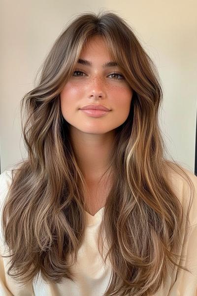 A woman with long, wavy hair featuring curtain bangs that frame her face.