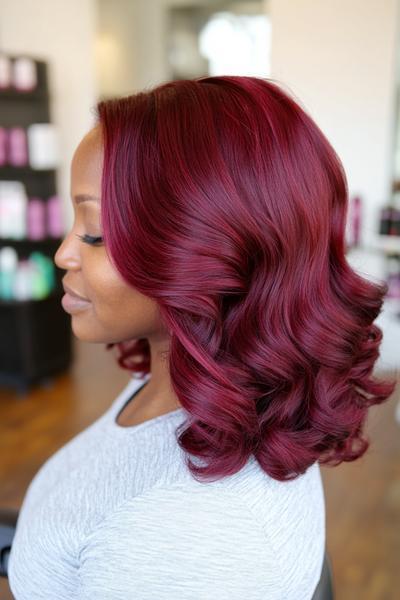 A woman with luxurious, wavy burgundy dark red hair styled in soft, voluminous curls.