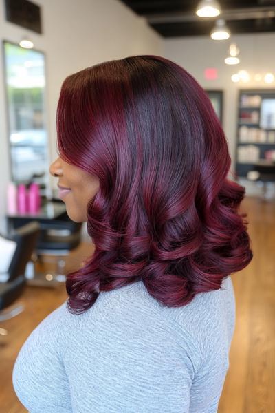 A woman with rich burgundy dark red hair, styled in soft, voluminous curls, is shown in a side profile in a modern salon setting.