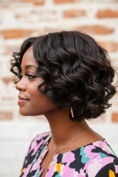 The image shows a woman with dark chocolate brown, shoulder-length, wavy hair styled in a soft, voluminous bob.