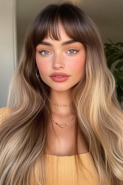 A woman with long, wavy hair and curtain bangs, featuring a natural blend of brown and blonde tones.