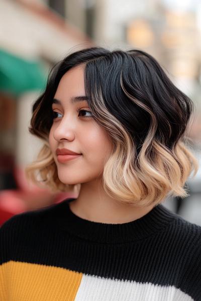 A woman with wavy, shoulder-length black hair featuring blonde highlights towards the ends.