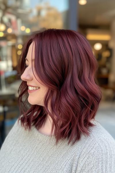 A woman with shoulder-length, wavy burgundy dark red hair smiles while wearing a light grey sweater.