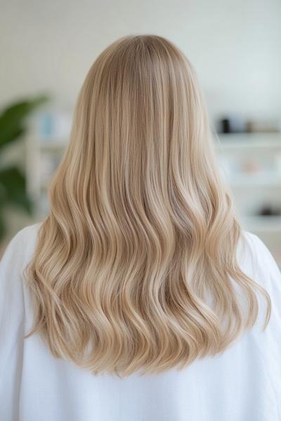 The image shows long, light ash blonde hair styled in loose, soft waves cascading down the back.