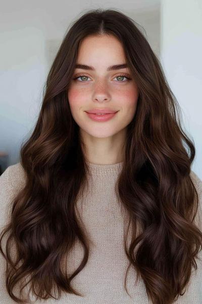 A woman with long, wavy dark brown hair wearing a beige sweater and smiling softly.