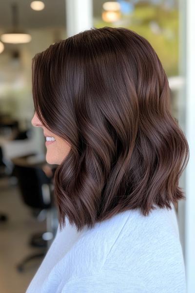 A shoulder-length dark chocolate brown hairstyle with loose waves and a side part.