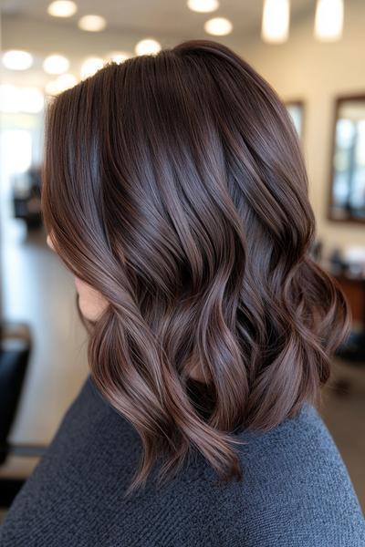 A medium-length wavy hairstyle featuring dark chocolate brown hair with subtle highlights, providing a rich and textured look.