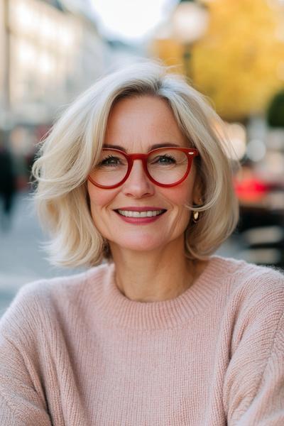 A woman over 50 with a youthful, shoulder-length, layered blonde bob hairstyle, complemented by round red glasses smiles warmly in an outdoor setting.