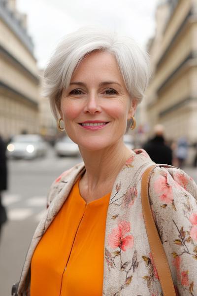 A stylish older woman with short, white hair in a softly layered bob, wearing an orange blouse and floral jacket.