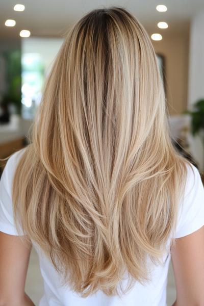 Blonde hair with dark brown streaks, styled in loose layers cascading down the back.