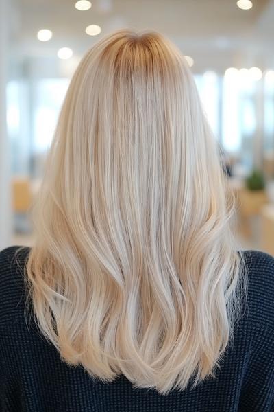 A light ash blonde hair colour styled in soft, wavy layers flowing down the back.