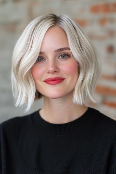 A woman with a sleek, icy blonde bob haircut, slightly wavy and chin-length, against a blurred brick background.