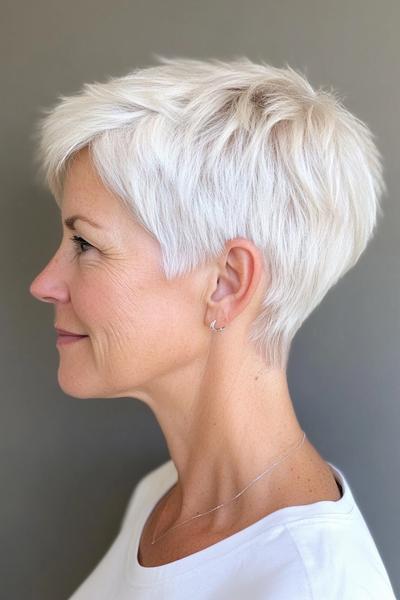 A woman with a short, silver pixie haircut featuring choppy layers and a side-swept fringe.