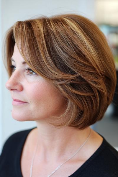 A woman with a medium-length layered bob hairstyle with side-swept bangs, featuring soft, natural waves.