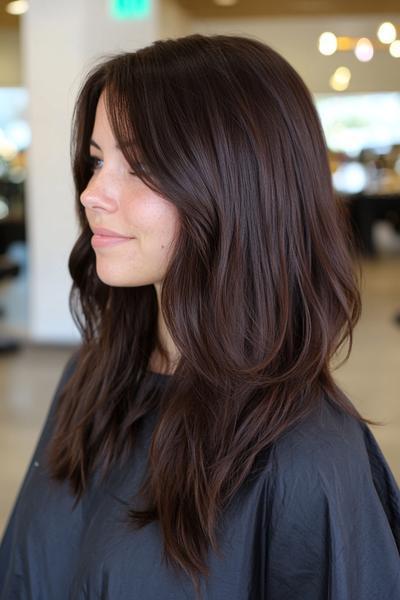 A woman with long, dark brown layered hair styled in loose waves.