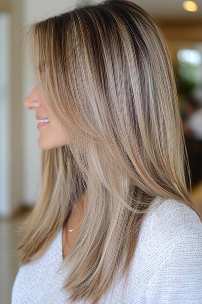 A blonde hairstyle with sleek, dark brown streaks running through it, creating a contrasting and dimensional look.