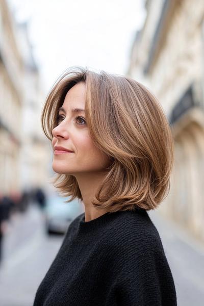 A woman with shoulder-length, layered hair featuring soft waves and a slight side parting.