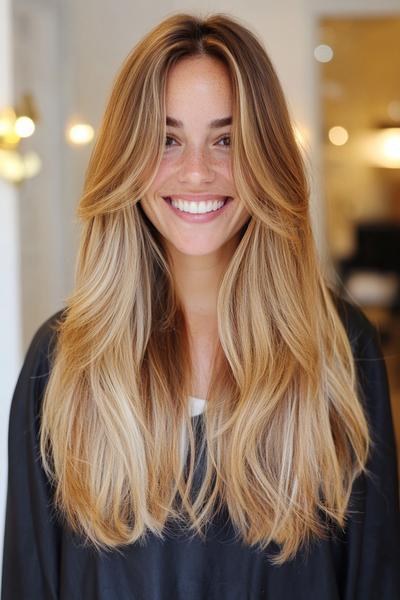 A smiling woman with long, layered blonde hair enhanced with dark brown streaks, styled in loose waves.