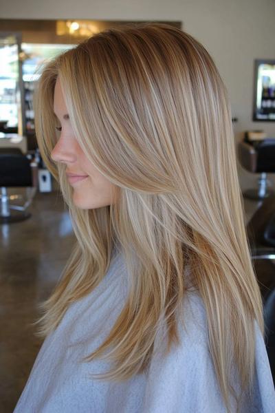 A young woman with long, straight, layered blonde hair featuring subtle dark brown streaks is sitting in a salon.