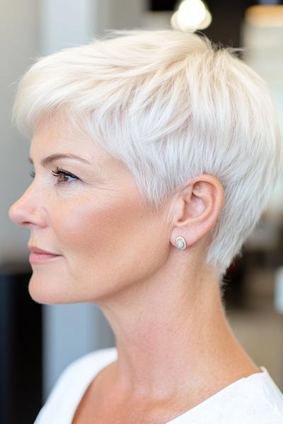 A close-up side profile of a woman over 60 with short, layered, platinum blonde hair in a wash and wear pixie cut.