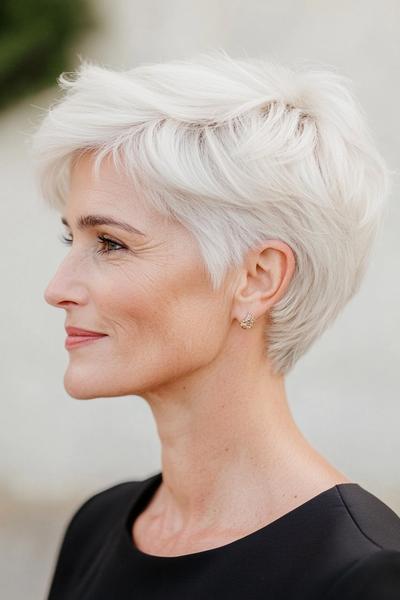 A stylish older woman with short, layered, white hair in a chic pixie cut.