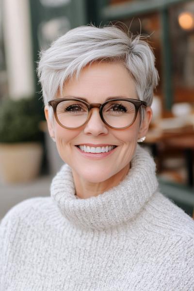 A smiling older woman with glasses and a stylish grey pixie cut, wearing a cosy beige sweater.