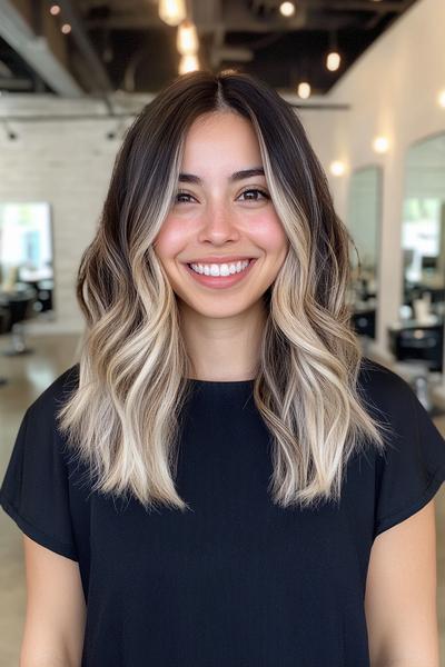 A woman with medium-length, wavy black hair featuring eye-catching blonde highlights, styled in a salon.