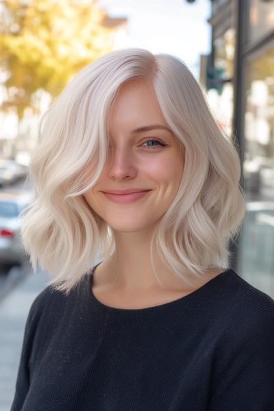 A woman with a light ash blonde bob haircut featuring loose, soft waves, stands smiling outdoors against an urban backdrop.