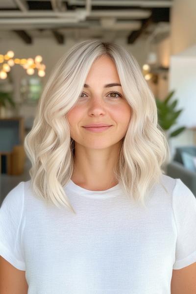 A woman with light ash blonde hair styled in loose, shoulder-length waves with a side parting.