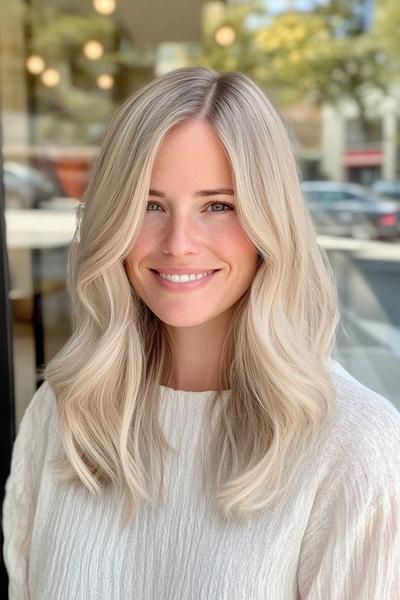 Woman with light ash blonde, wavy hair styled in loose, shoulder-length waves.