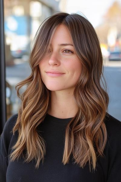 A woman with dark brown, wavy hair styled in loose waves, parted slightly to the side, and falling just past her shoulders.